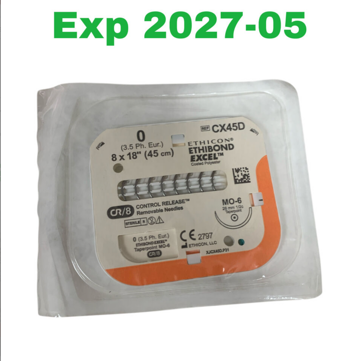 ETHICON CX45D Ethibond Excel Green Braided 0 Suture 8 x 18" (45 cm) MO-6 Needle Control Release CR/8 Exp.2027 05