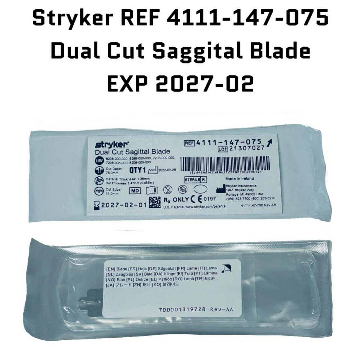 STRYKER 4111-147-075 Dual Cut Sagittal Blade EXP 2027 02