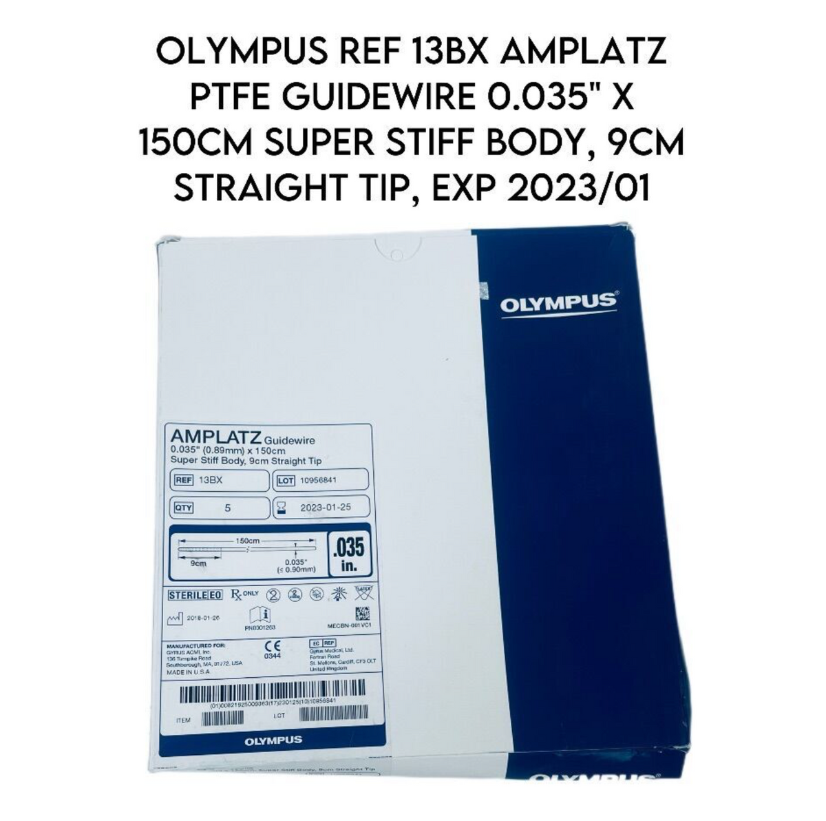 OLYMPUS 13BX AMPLATZ PTFE GUIDEWIRE 0.035" X 150CM SUPER STIFF BODY 9CM STRAIGHT TIP (5/B0X) EXP 2023 01