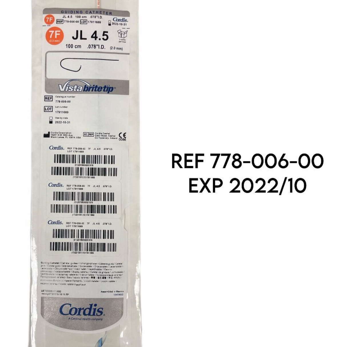 CORDIS 778-006-00 JL 4.5 GUIDING CATHETER 7F Vistabritetip EXP 2022 10