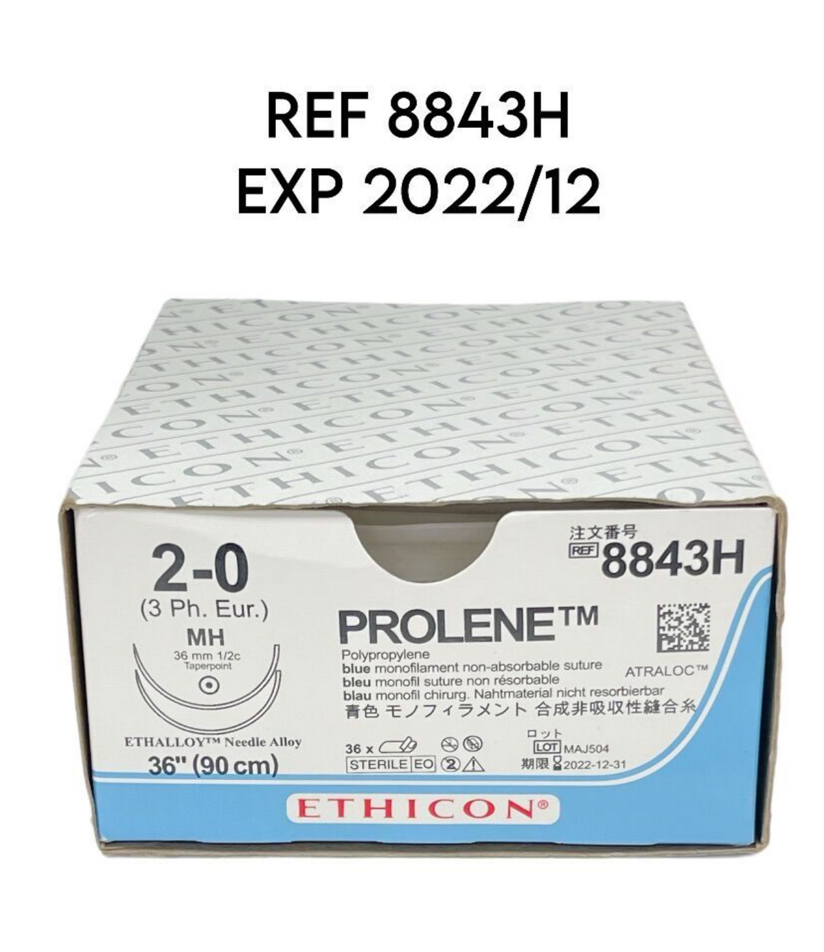 ETHICON 8843H 2-0 (3 Ph. Eur.) MH 36 mm 1/2c Taperpoint, PROLENE Polypropylene blue monofilament non-absorbable suture, EXP 2022 12