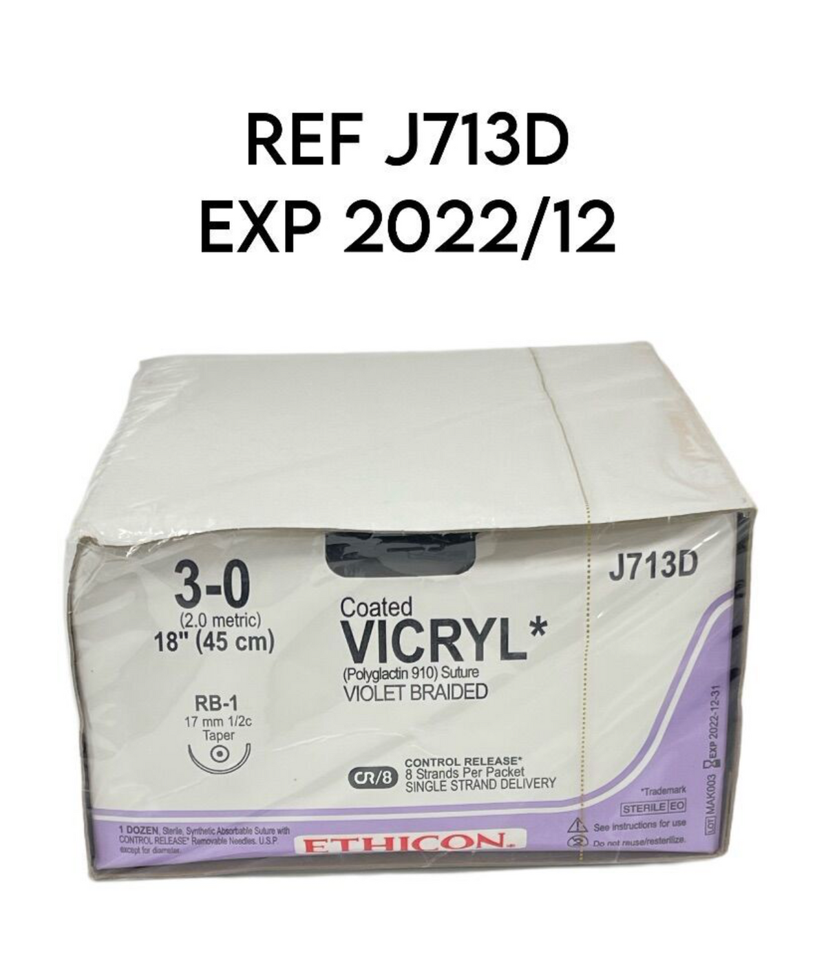 ETHICON J713D 3-0 (2.0 metric) 18" (45 cm)RB-1 17 mm 1/2c Taper Coated VICRYL (Polyglactin 910) Suture VIOLET BRAIDED EXP 2022 12