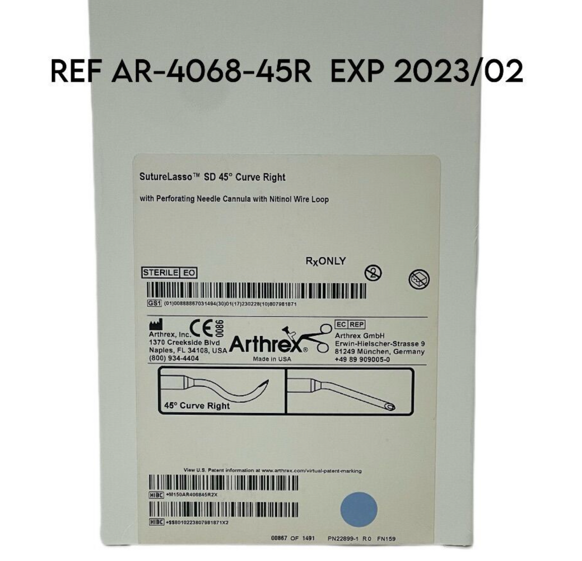 ARTHREX AR-4068-45R SutureLasso SD 45 Curve Right EXP 2023 02
