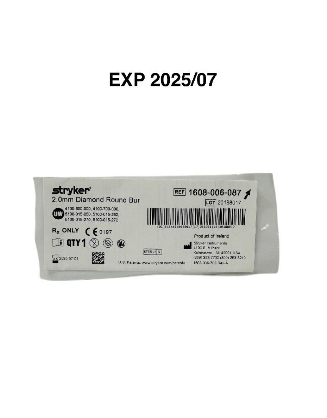 STRYKER 1608-006-087 ROUND DIAMOND BUR: 2.0MM EXP 2025 07