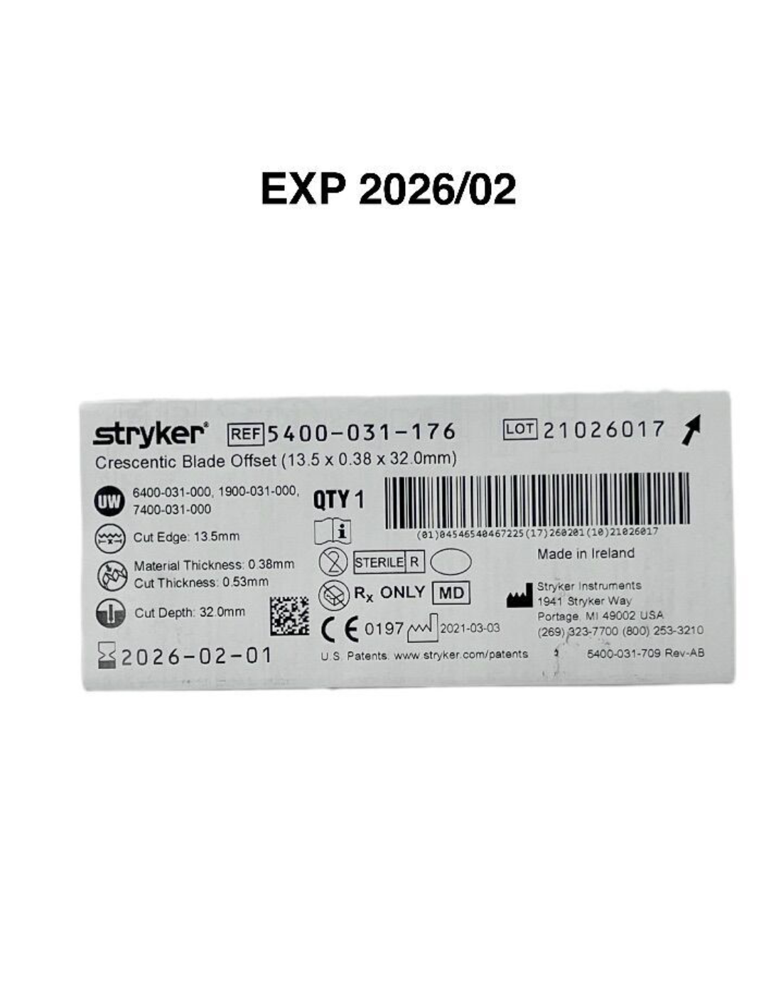 STRYKER 5400-031-176 CRESCENTIC BLADE OFFSET 13.5MM X 32MM X 0.51MM EXP 2026 02