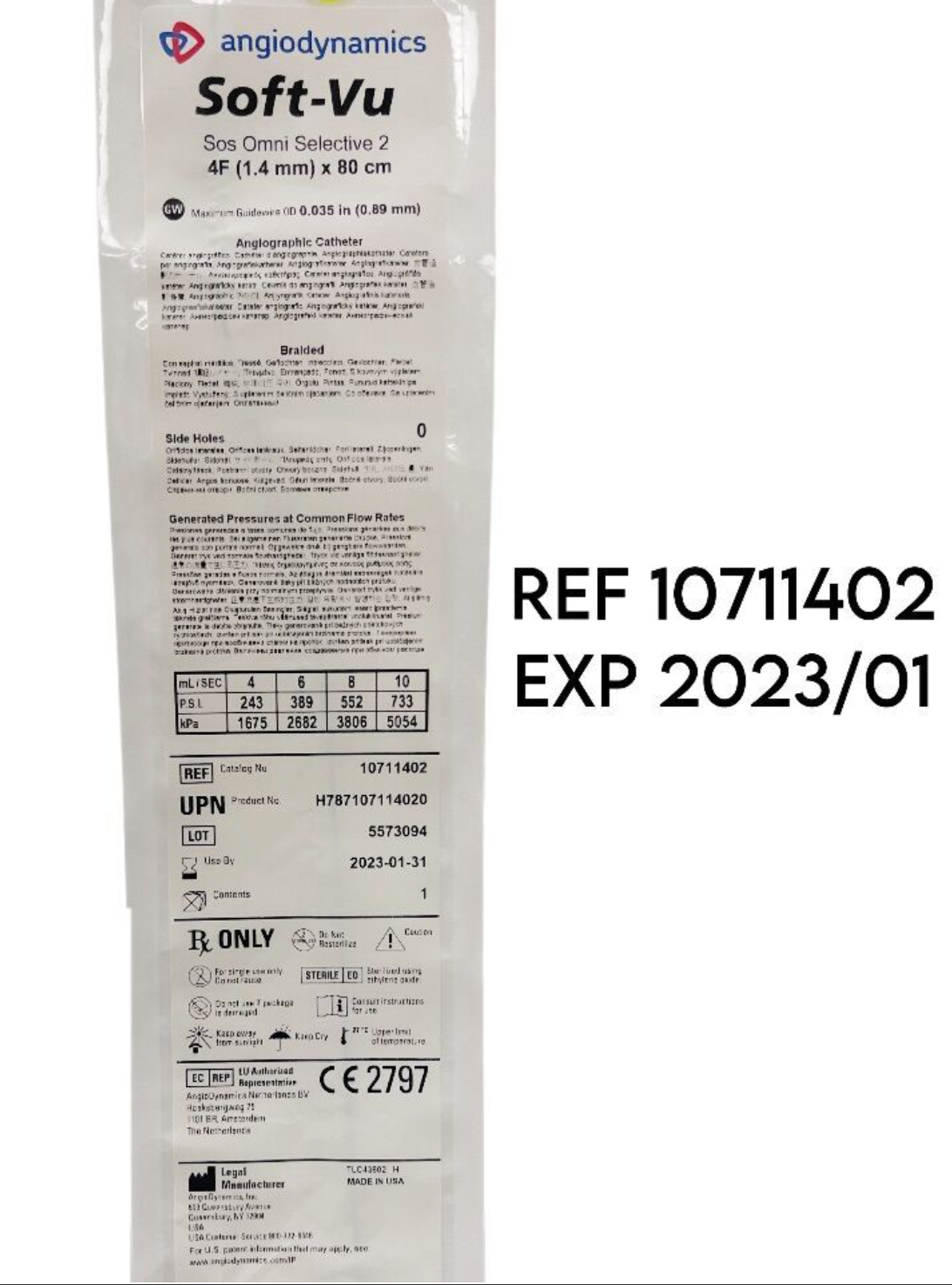 ANGIODYNAMICS INC 10711402 SOFT-VU 4F ANGIOGRAPHIC VISCERAL SELECTIVE CATHETER SOFT RADIOPAQUE TIP HIGH-TORQUE SHAFT 80CM/0.035 EXP 2023 01