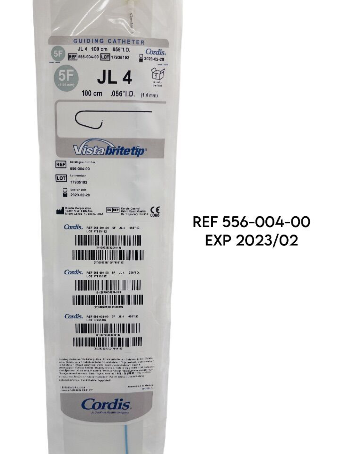 CORDIS 556-004-00 GUIDING CATHETER JL4 100 cm.056"I.D EXP 2023 02