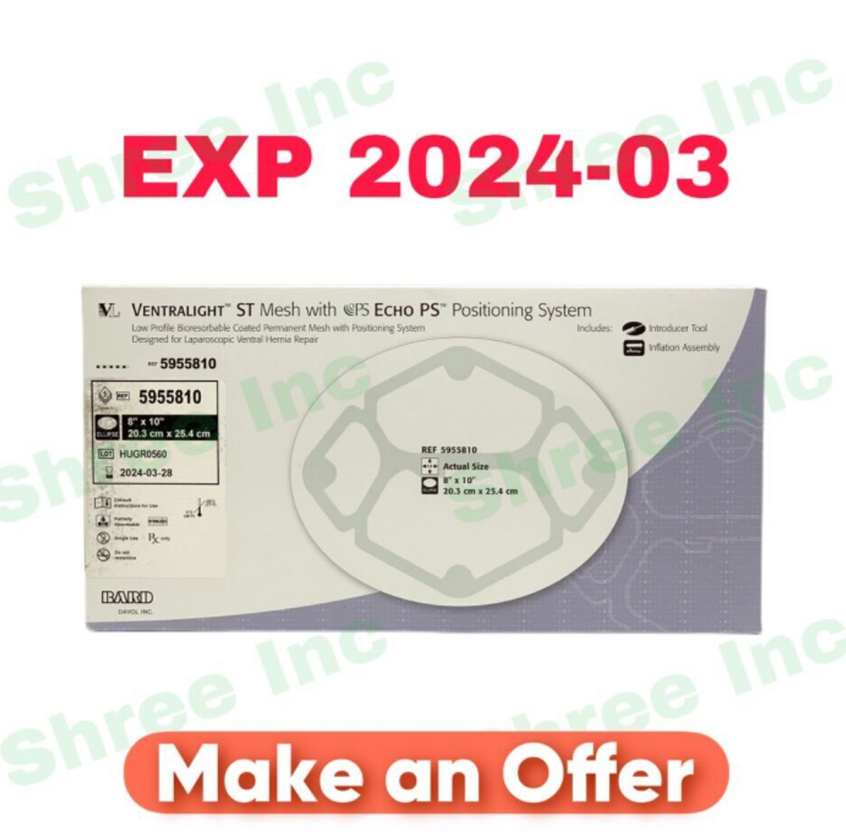 BARD 5955810 Ventralight ST Mesh with Echo PS Positioning System an ellipse-shaped (8 in × 10 in) EXP 2024 03