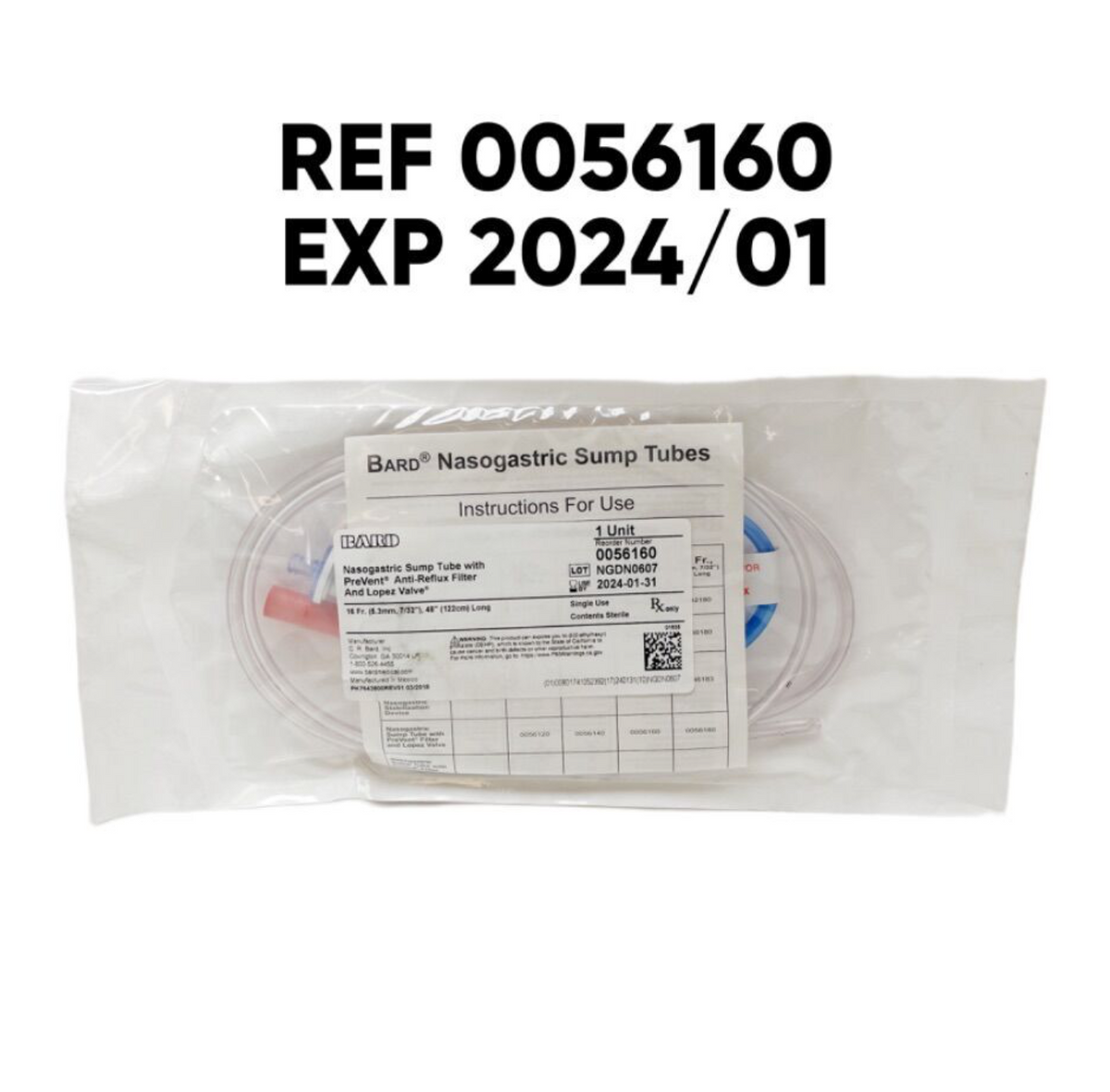 BARD 0056160 NASOGASTRIC (NG) SUMP TUBE W/PREVENT ANTI-REFLUX FILTER & LOPEZ VALVE STANDARD 16F EXP 2024 01