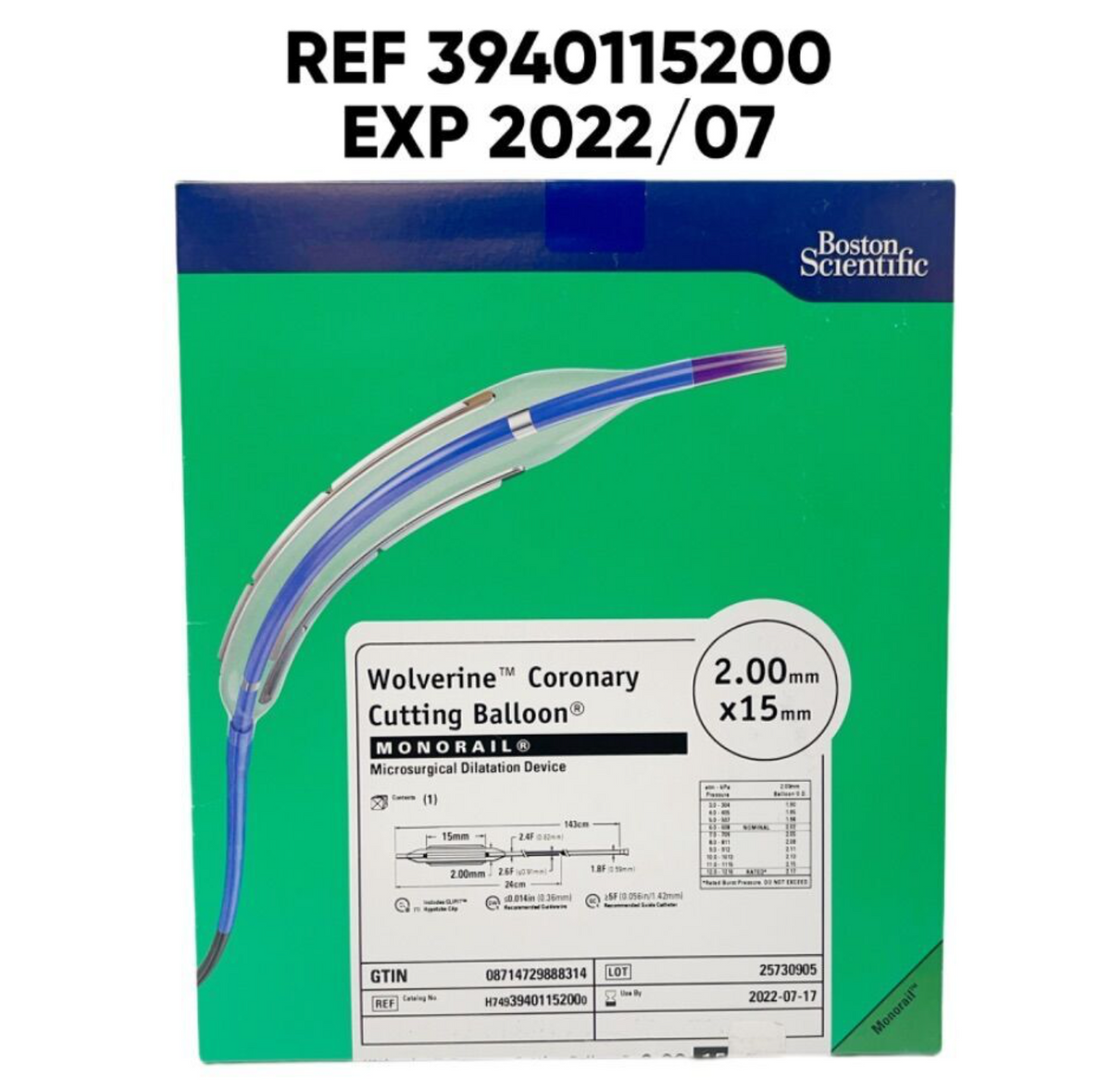 OSTON SCIENTIFIC 3940115200 Wolverine Coronary Cutting Balloon MONORAIL Microsurgical Dilatation Device 2.00mm x15mm  EXP 2022 07