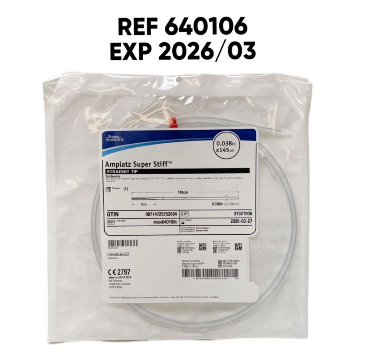 BOSTON SCIENTIFIC 640106 Amplatz Super Stiff STRAIGHT TIP GUIDEWIRE 0.038 in x 145 cm EXP 2026 03