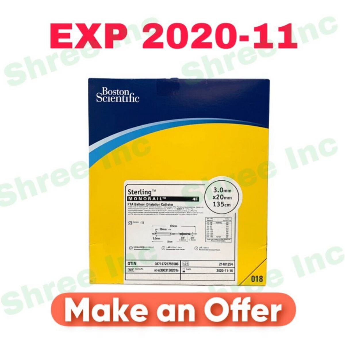 BOSTON SCIENTIFIC H74939031302010 Sterling MONORAIL 4F PTA Balloon Dilatation Catheter EXP 2020 11