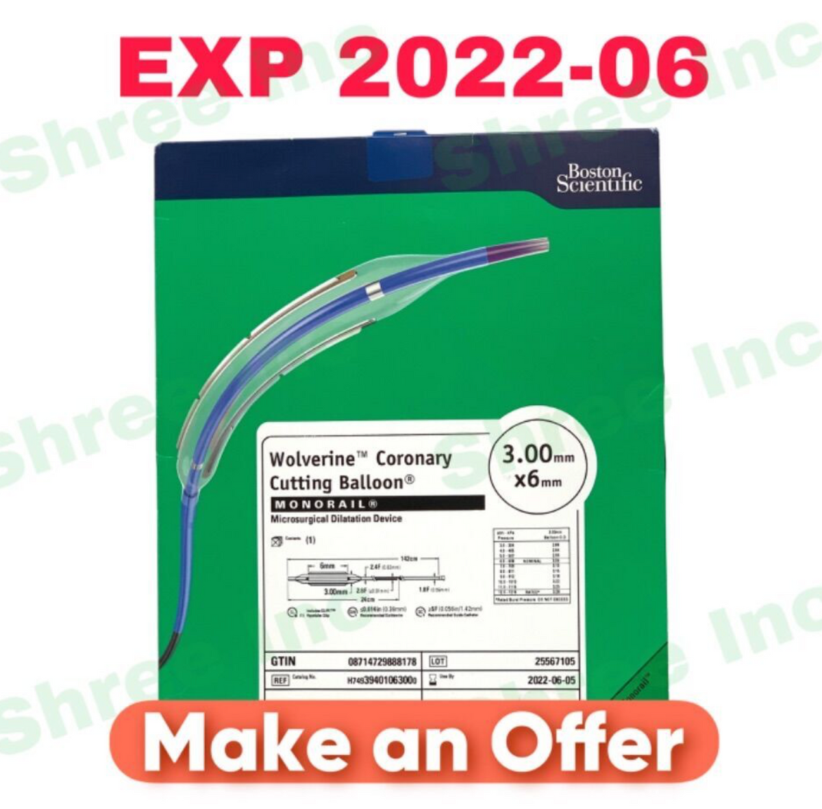 BOSTON SCIENTIFIC H74939401063000, Wolverine Coronary Cutting Balloon MONORAIL R Microsurgical Dilatation Device EXP 2022 06