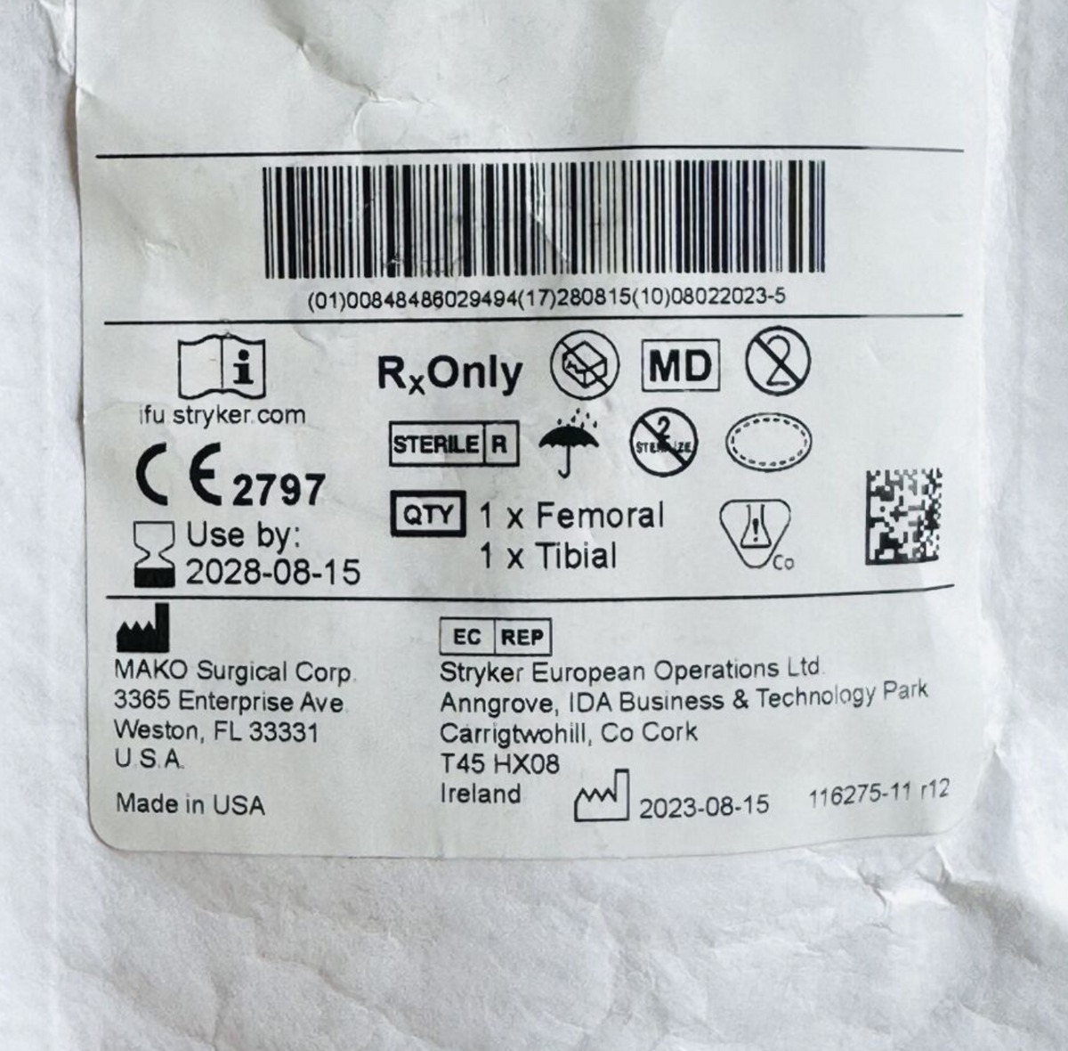 STRYKER 111645 TRYKER MAKO CHECKPOINT KIT 1 X FEMORAL 1 X TIBIAL EXP 2028 08
