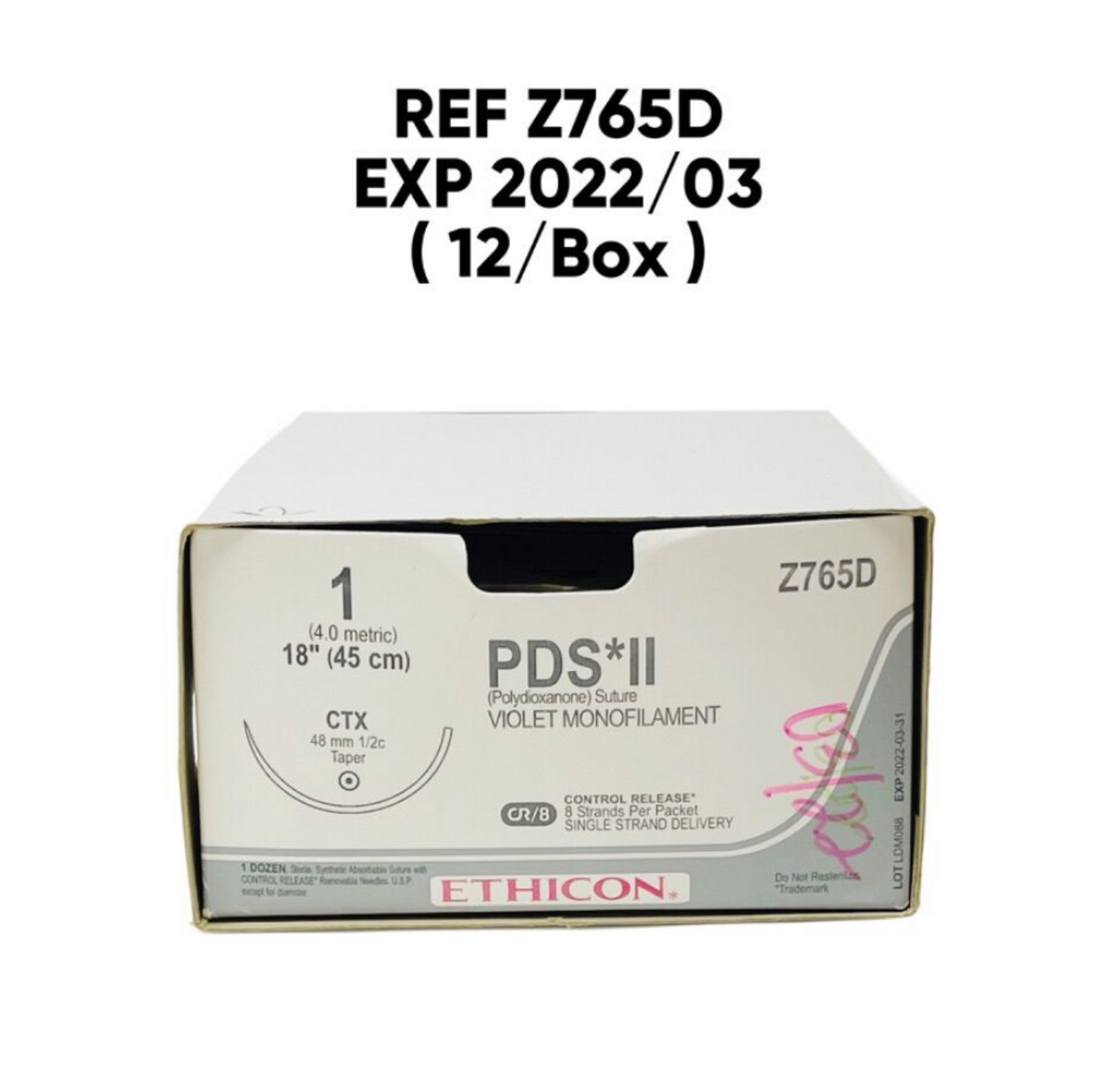 ETHICON Z765D PDS II (Polydioxanone) Suture 1 (4.0 metric) 18" (45 cm) CTX  EXP 2022 03 (12/Box)