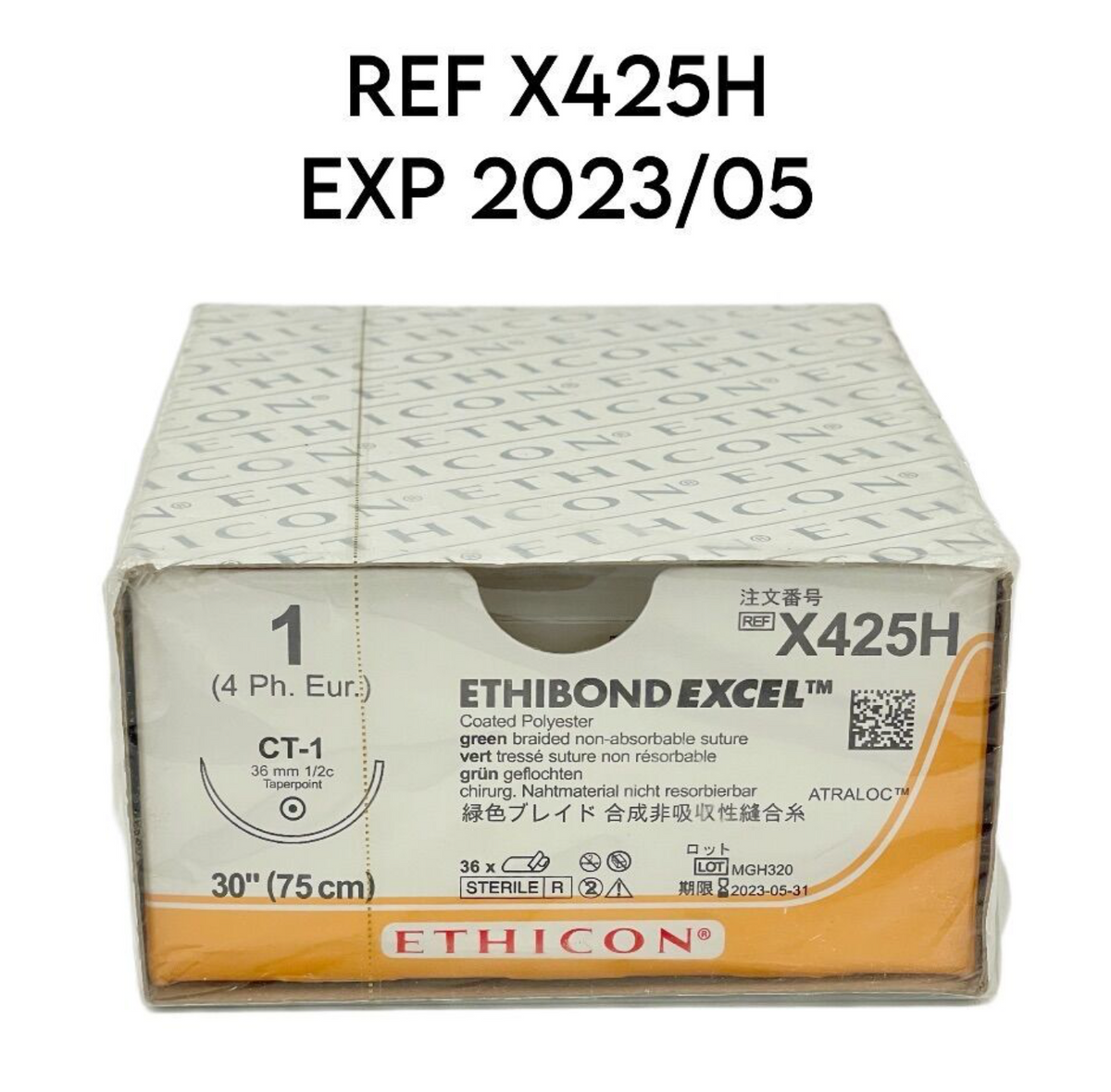 ETHICON X425H 1 (4 Ph. Eur.) СТ-1 36mm 1/2c Taperpoint 30" (75 cm) ETHIBONDEXCEL Coated Polvester green braided EXP 2023 05 Sutures