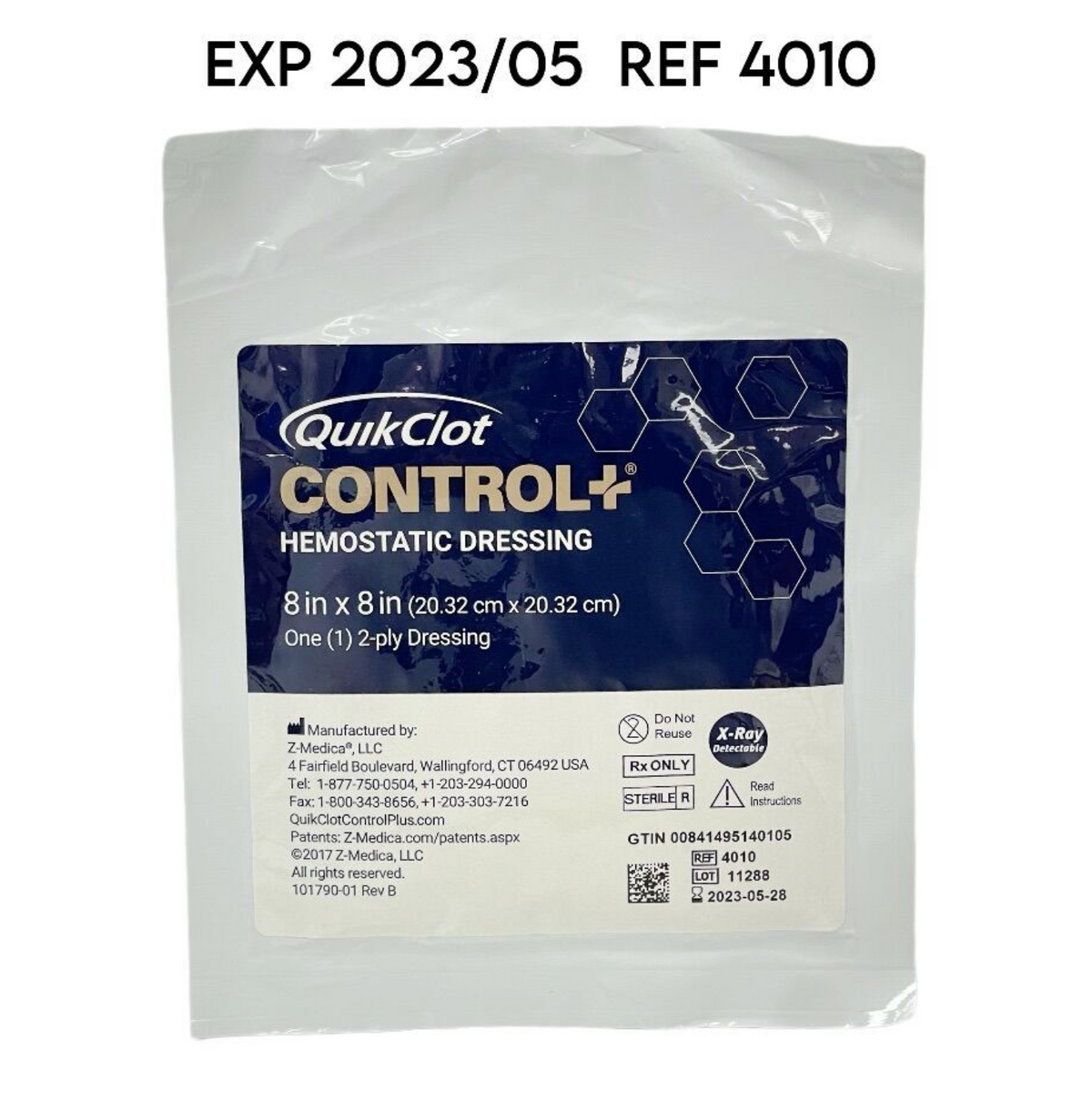 Z-MEDICA 4010 QuikClot CONTROL HEMOSTATIC DRESSING 8 in x 8 in EXP 2023 05
