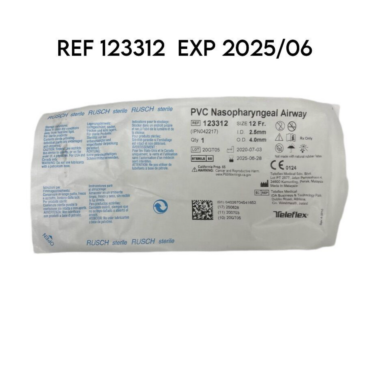 TELEFLEX MEDICAL 123312 PVC Nasopharyngeal Airway 12 FR EXP 2025 06
