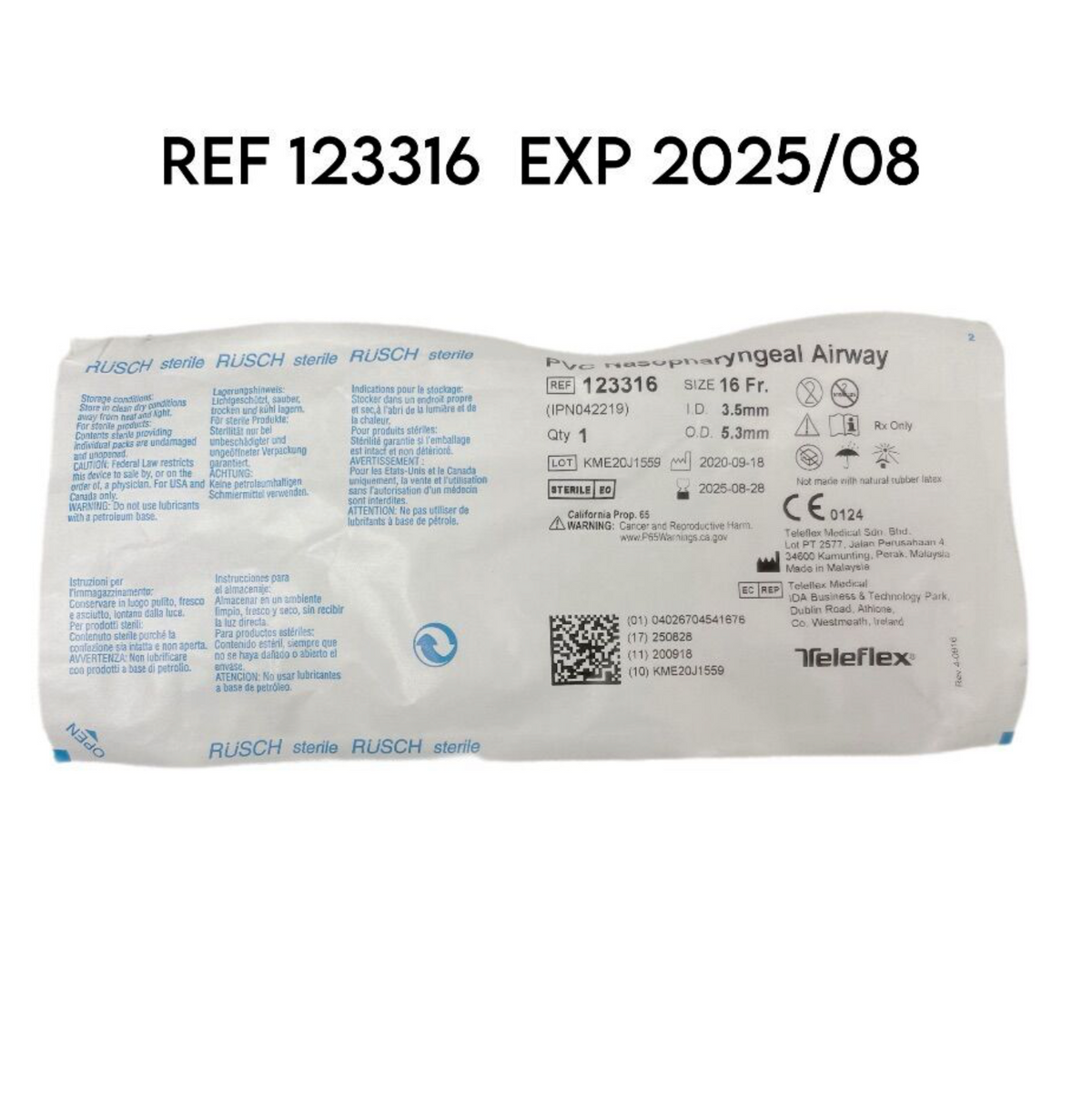 TELEFLEX MEDICAL 123316 PVC NASOPHARYNGEAL AIRWAY 16 FR EXP 2025 08