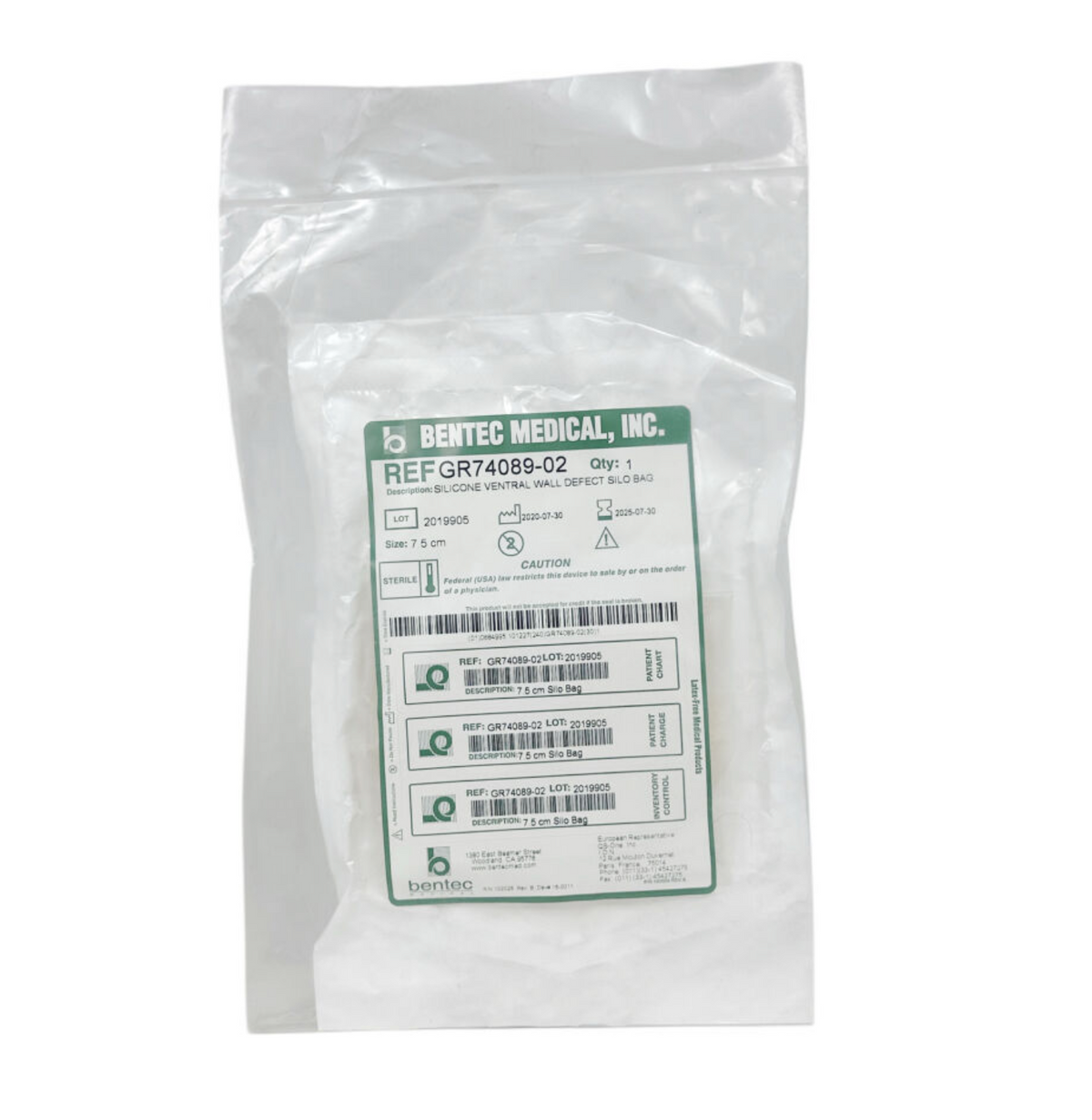 BENTEC MEDICAL GR74089-02 SILICONE VENTRAL WALL DEFECT SILO BAG EXP 2025 07