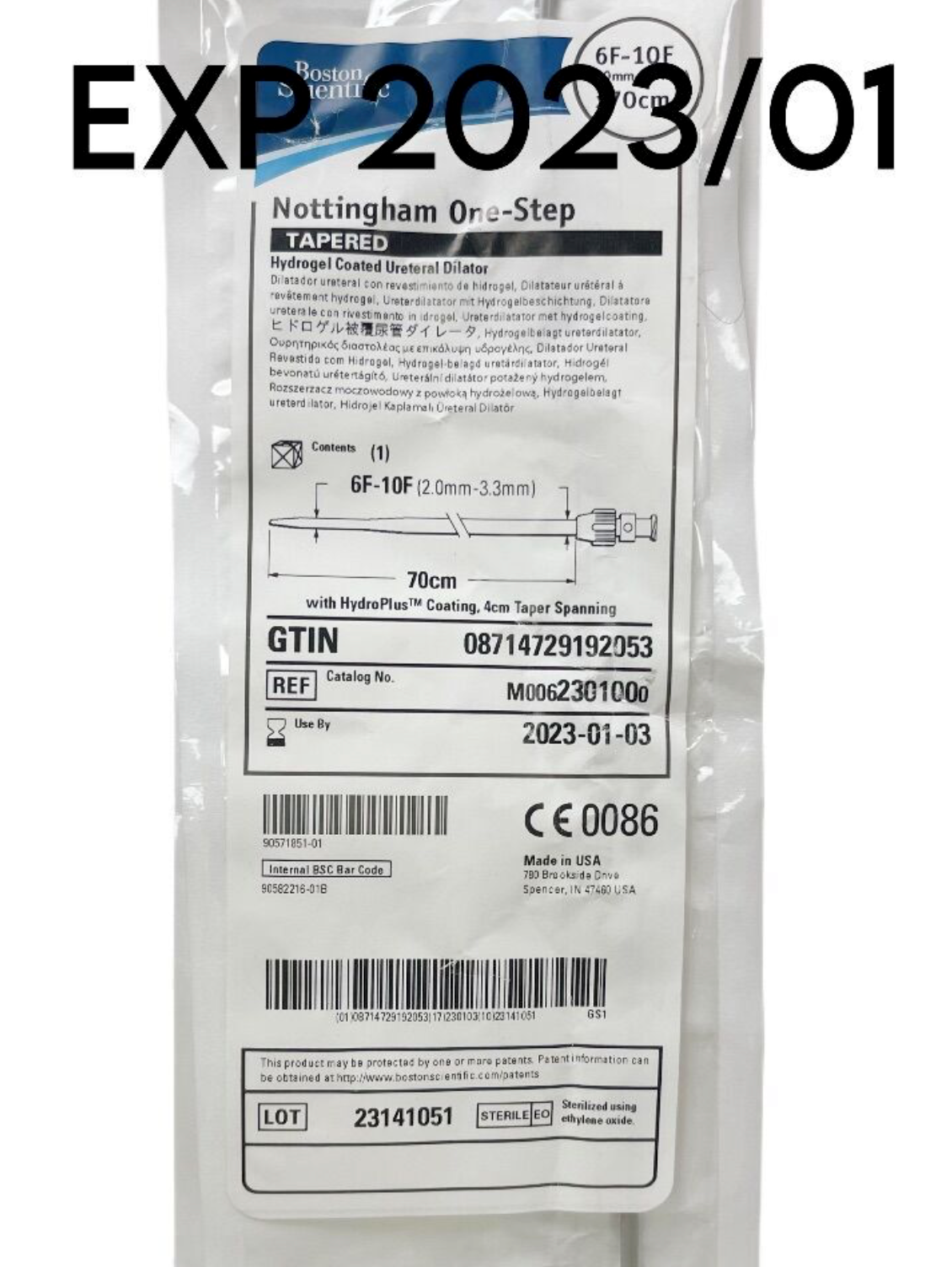 BOSTON SCIENTIFIC 230100 Nottingham One-Step TAPERED Hydrogel Coated Ureteral Dilator EXP 2023 01