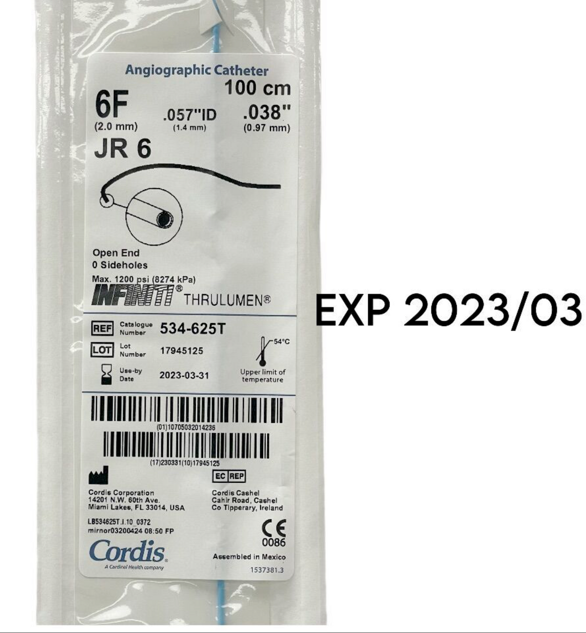 CORDIS 534-625T INFINITI THRULUMEN 6F DIAGNOSTIC CATHETER 100CM JR 6 EXP 2023  03