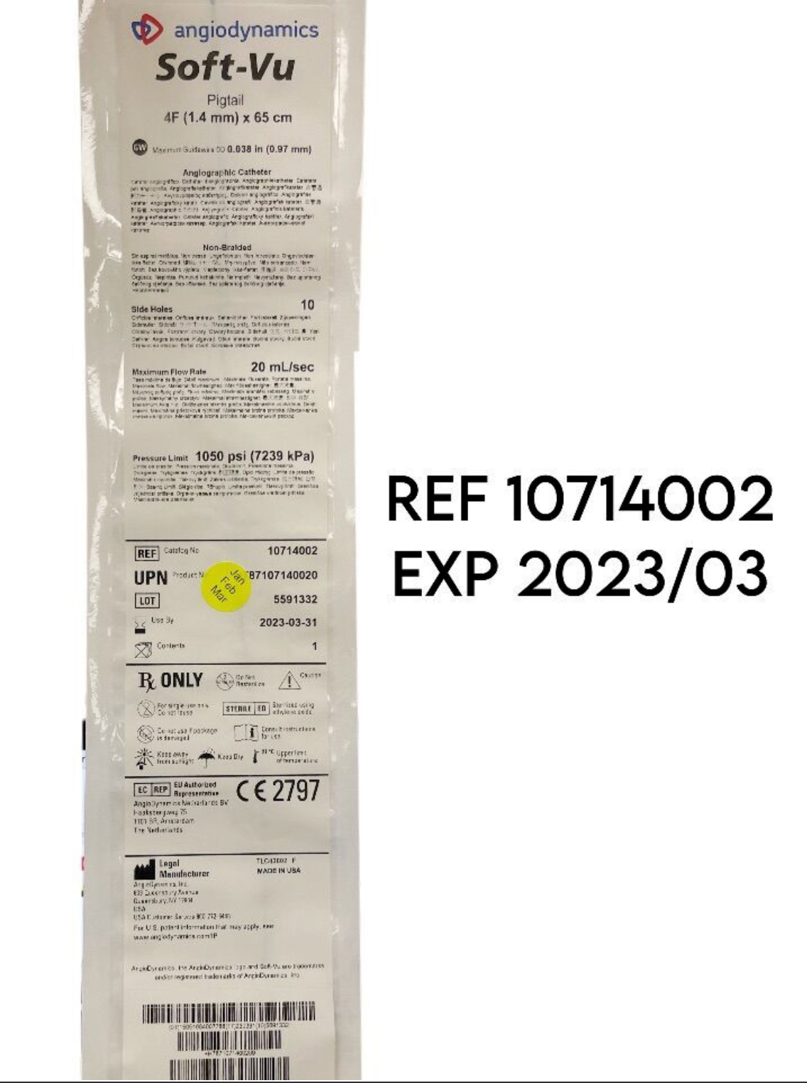 ANGIODYNAMICS INC 10714002 Soft-Vu Pigtail Anglographic Catheter 4F (1.4 mm) × 65 cm EXP 2023 03