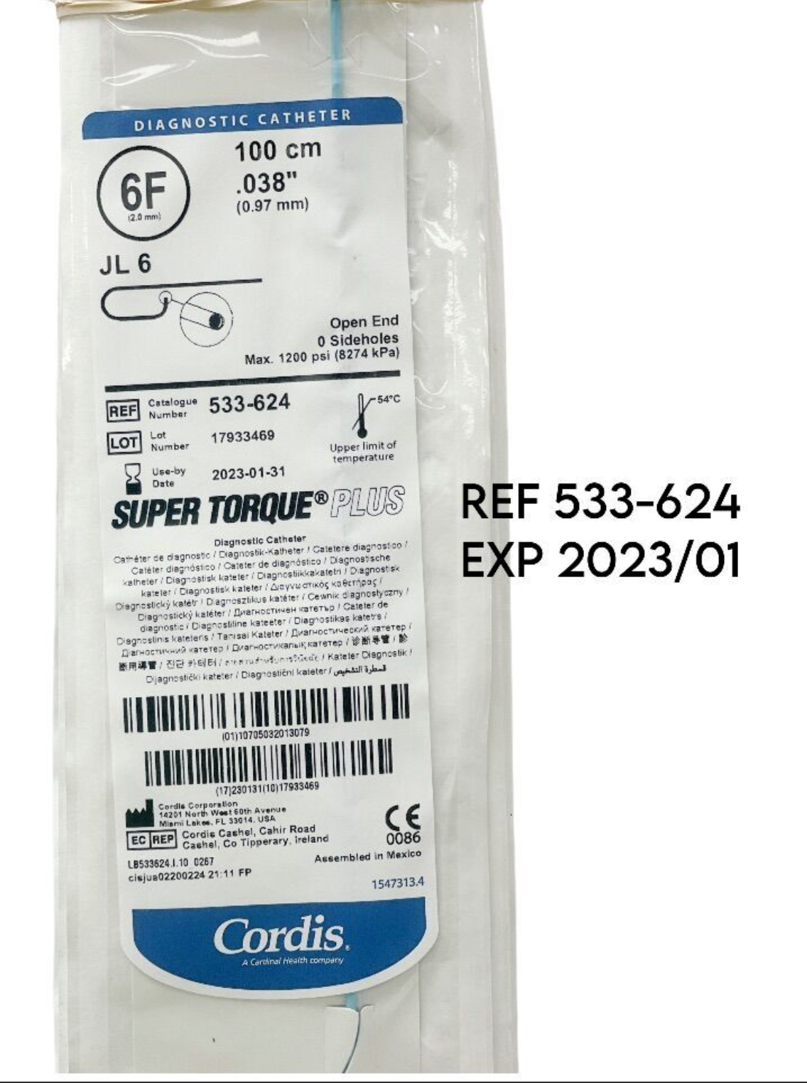 CORDIS 533-624 SUPER TORQUE PLUS 6F DIAGNOSTIC CATHETER 100CM JL6 EXP 2023 01