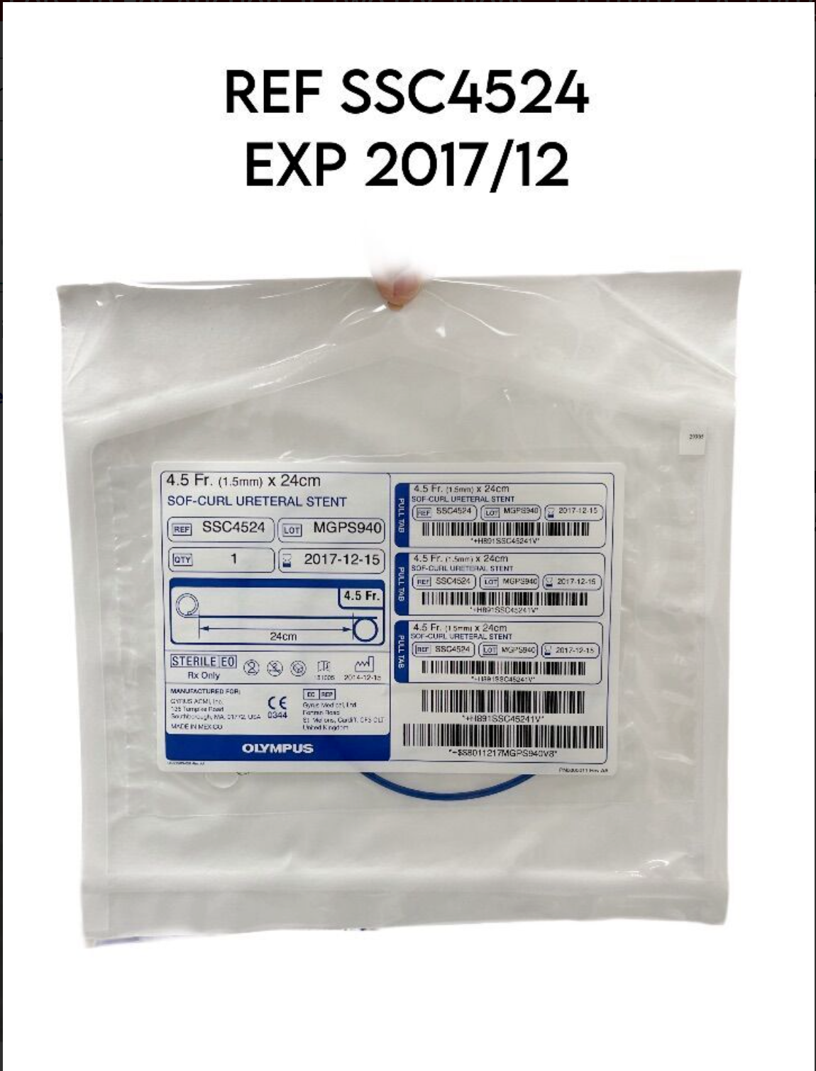 OLYMPUS SSC4524 SOF-CURL URETERAL STENT 4.5 Fr. (1.5 mm) X 24cm EXP 2017 12