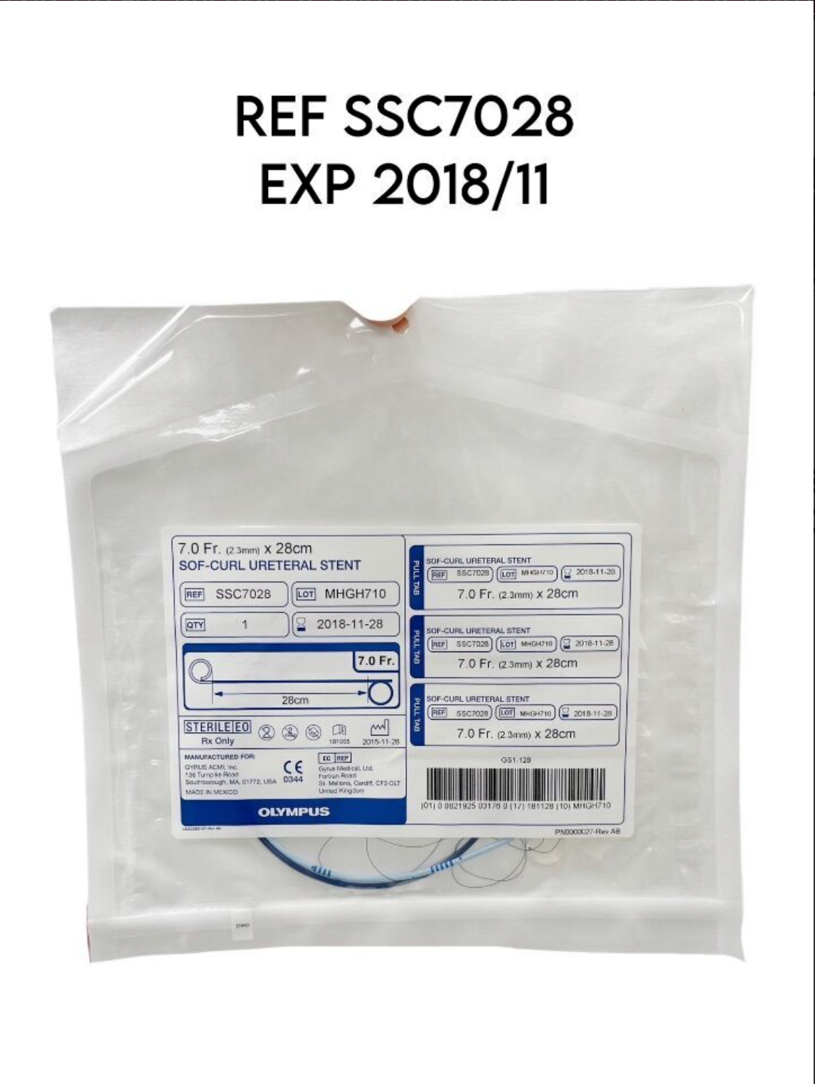 OLYMPUS SSC7028 SOF-CURL URETERAL STENT 7.0 Fr. (2.3mm) × 28cm EXP 2018 11