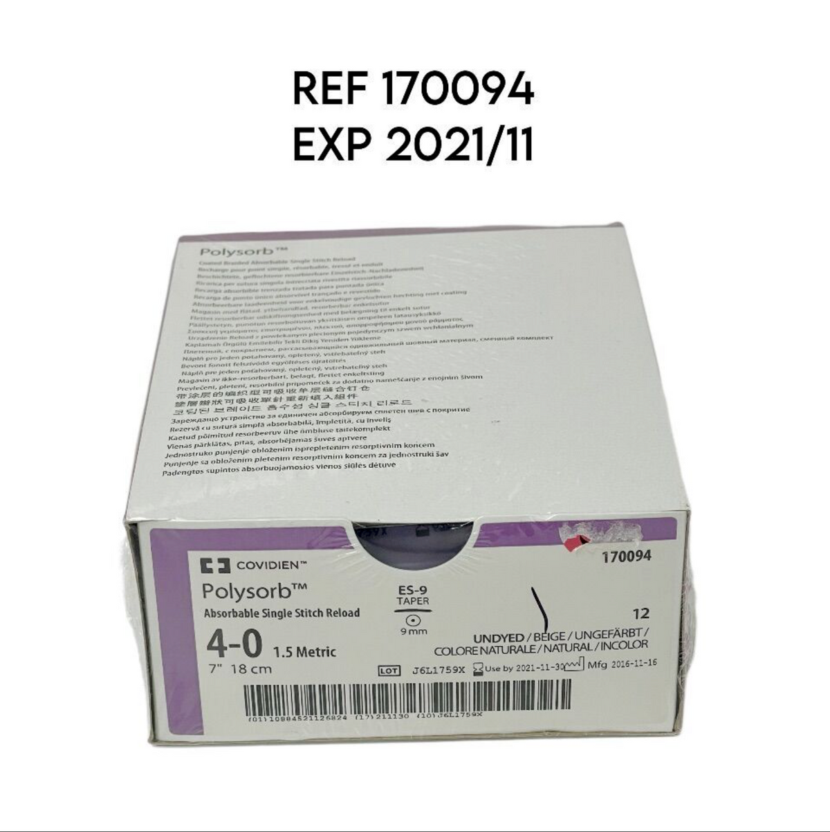 COVIDIEN 170094 4-0 MEDTRONIC ENDO STITCH POLYSORB UNDYED 7" ES-9 TAPER EXP 2021 11 (12/BOX)