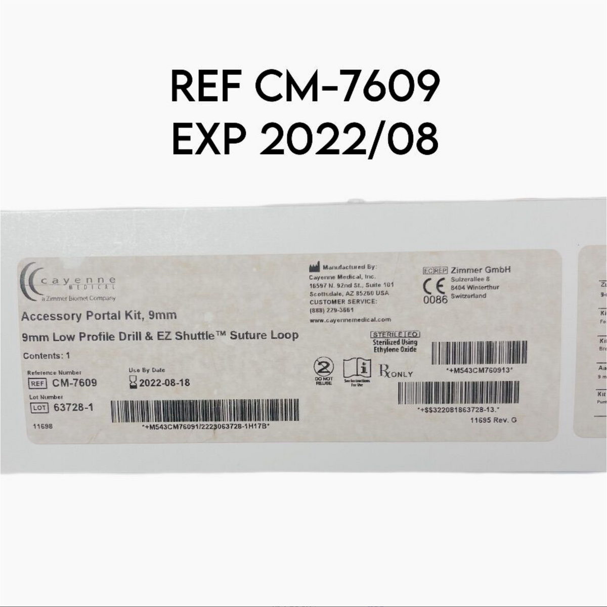 ZIMMER BIOMET CM-7609 CAYENNE ACCESSORY PORTAL KIT 9MM LOW PROFILE DRILL & EZ SHUTTLE SUTURE LOOP EXP 2022 08