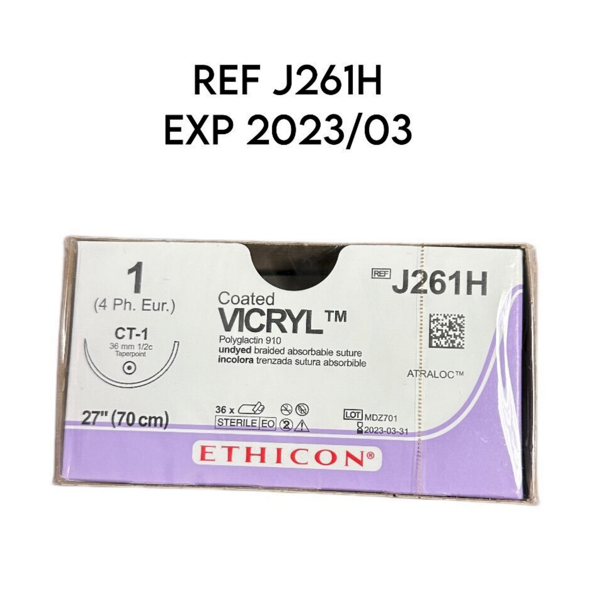 ETHICON J261H Coated VICRYL Polyglactin 910 undyed braided absorbable suture 27" (70 cm), 36/BOX EXP 2023 03