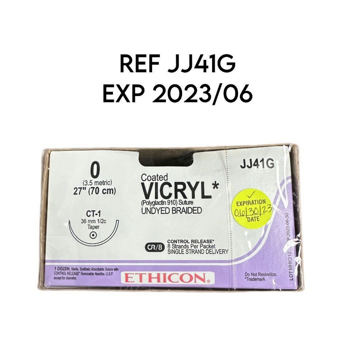 ETHICON JJ41G Coated VICRYL (Polyglactin 910) Suture UNDYED BRAIDED 27" (70 cm) 12/BOX EXP 2023 06