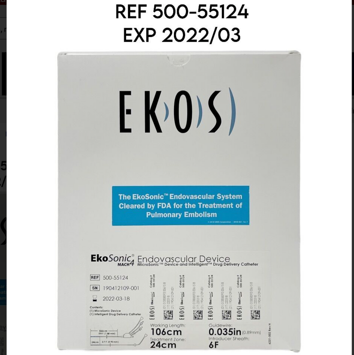 EKOSONIC 500-55124 MACH 4 Endovascular MicroSonic Device and Intelligent Drug Delivery Catheter treatment Zone 24cm EXP 2022 03