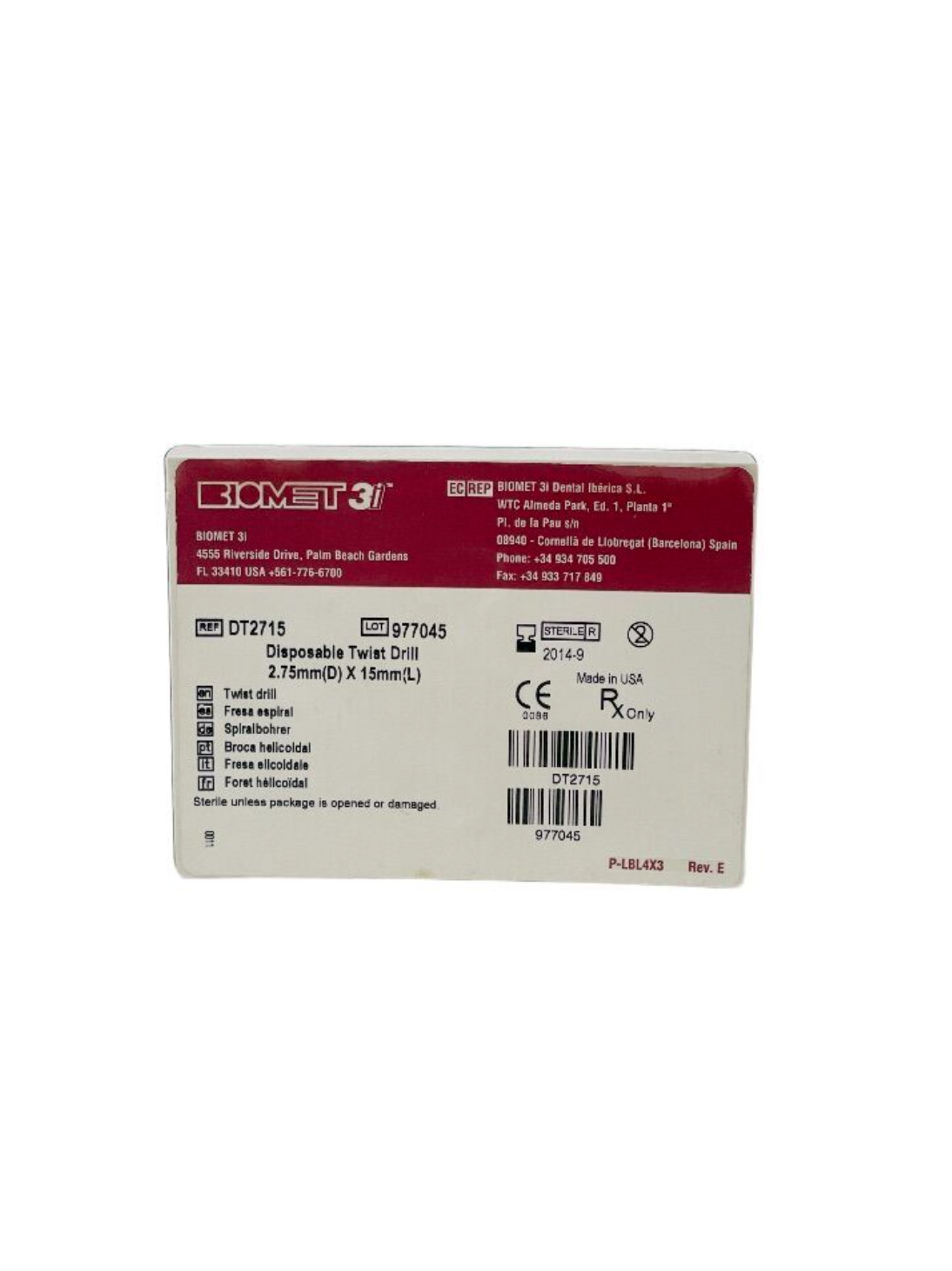 BIOMET DT2715 Disposable Twist Drill 2.75mm(D) X 15mm(L) EXP 2014 09