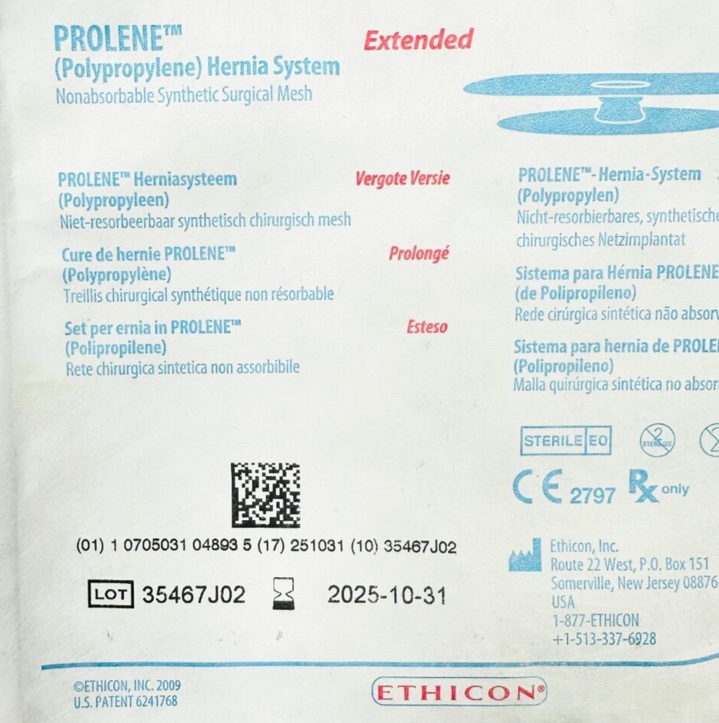 ETHICON PHSE PROLENE Hernia System Non-absorbable Synthetic Surgical Mesh Extended EXP 2025 10