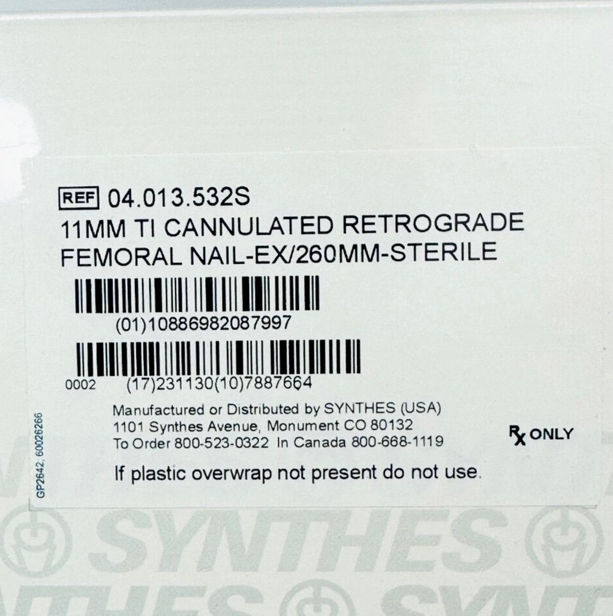SYNTHES 04.013.532S 11MM TI CANNULATED RETROGRADE FEMORAL NAIL EX 260MM-STERILE EXP 2023 1