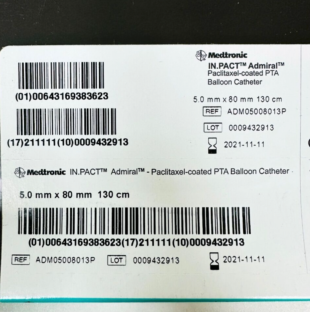 MEDTRONIC ADMO5008013P IN.PACT Admiral Paclitaxel-coated PTA Balloon Catheter 5.0 mm x 80 mm 130 cm EXP 2021 11
