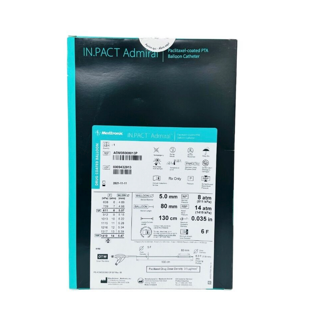 MEDTRONIC ADMO5008013P IN.PACT Admiral Paclitaxel-coated PTA Balloon Catheter 5.0 mm x 80 mm 130 cm EXP 2021 11