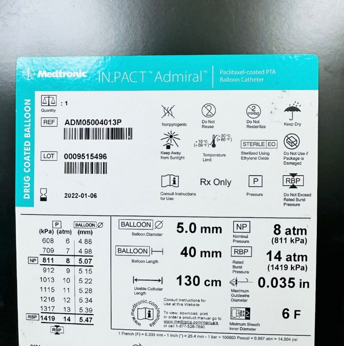 MEDTRONIC ADMO5004013P IN.PACT Admiral Paclitaxel-coated PTA Balloon Catheter 5.0 mm x 40 mm 130 cm EXP 2022 01