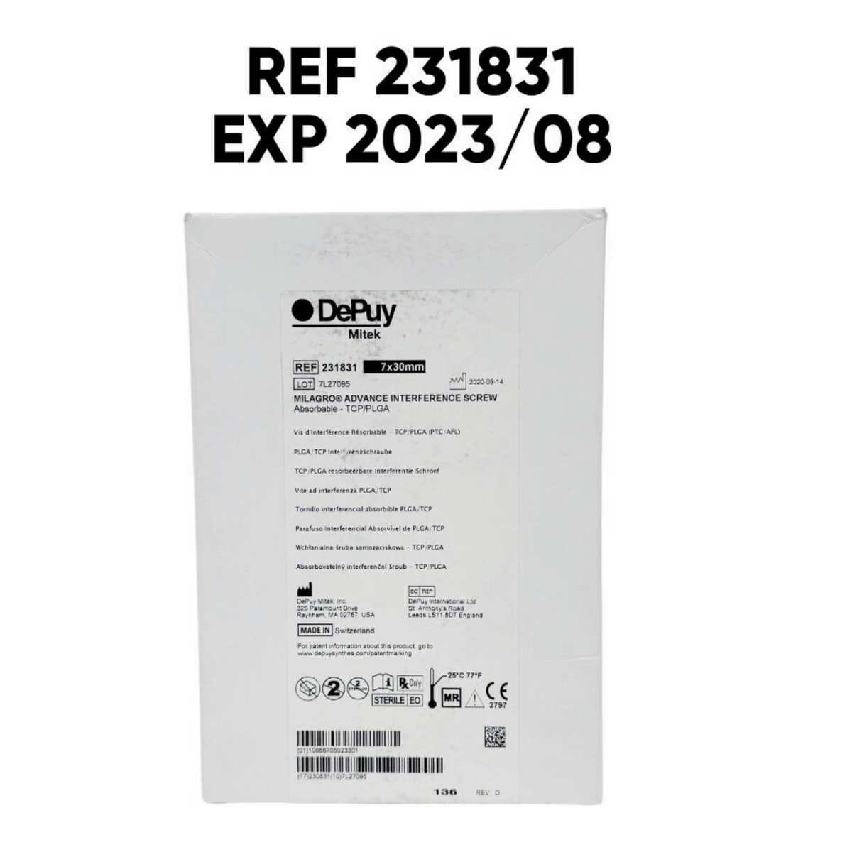 DEPUY MITEK 231831 MILAGRO ADVANCE INTERFERENCE SCREW Absorbable TCP/PLGA 7 X 30mm EXP 2023 08