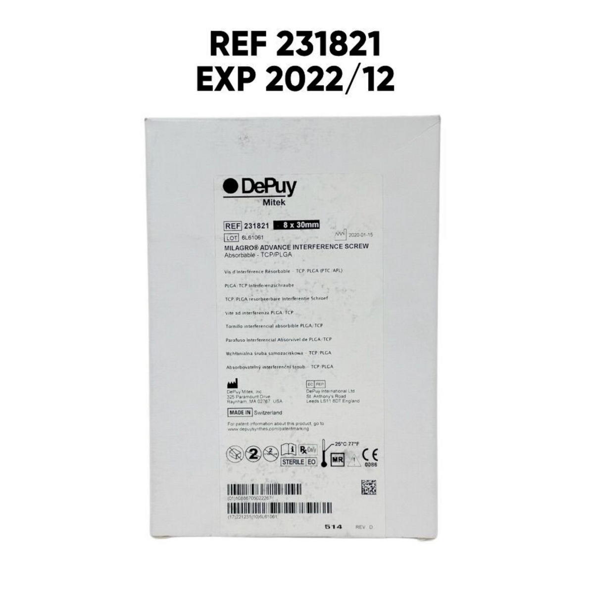 DEPUY MITEK 231821 MILAGRO ADVANCE INTERFERENCE SCREW Absorbable TCP/PLGA 8 x 30mm EXP 2022 12