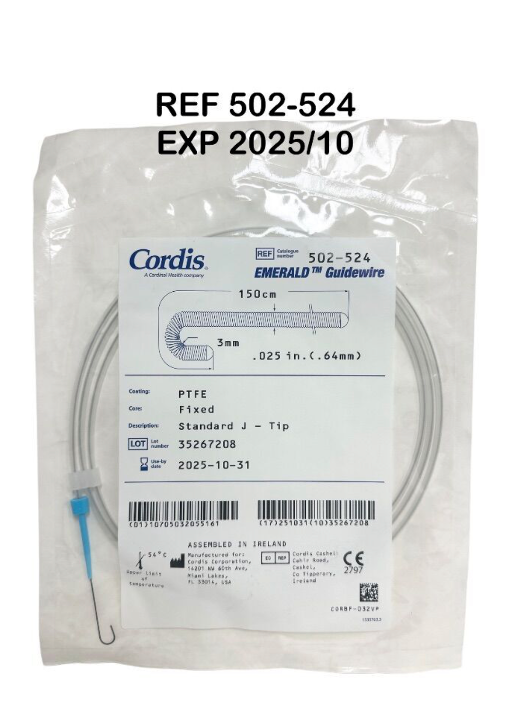 CORDIS 502-524 PTFE COATED EMERALD GUIDEWIRE 0.025