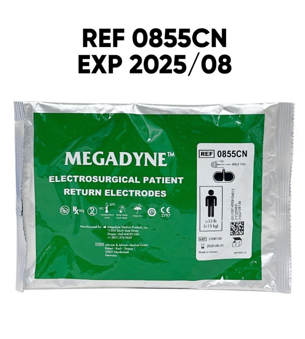 JOHNSON & JOHNSON 0855CN MEGADYNE ELECTROSURGICAL PATIENT RETURN ELECTRODES >33 lb (>15 kg) EXP 2025 08