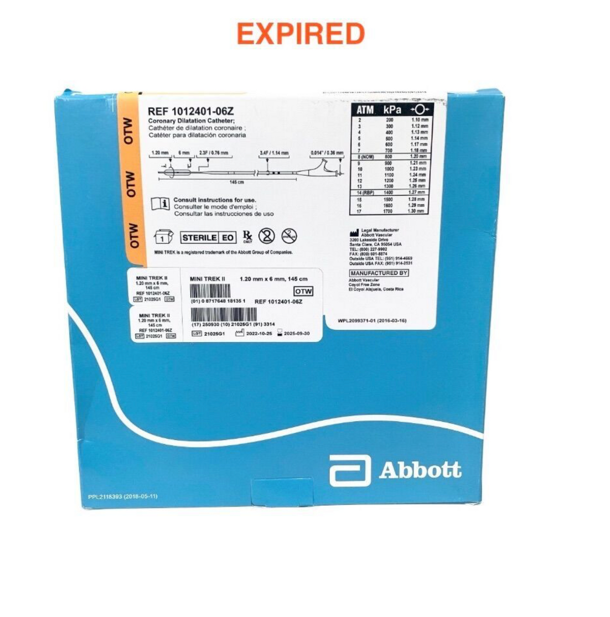 ABBOTT 1012401-06Z MINI TREK II 1.20MM X 6MM 145CM CORONARY DILATION BALLOON CATHETER OTW STERILE EXP 2025 09