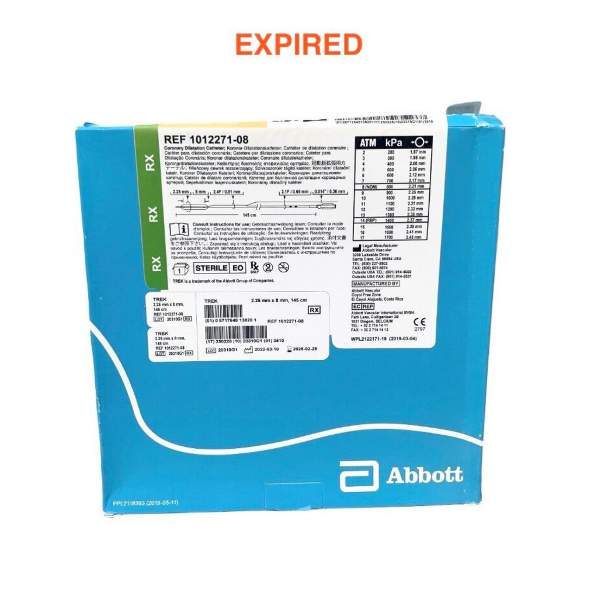 ABBOTT 1012271-08 TREK Coronary Dilatation Balloon Catheter 2.25mm x 8mm 145cm Sterile EO EXP 2025 02
