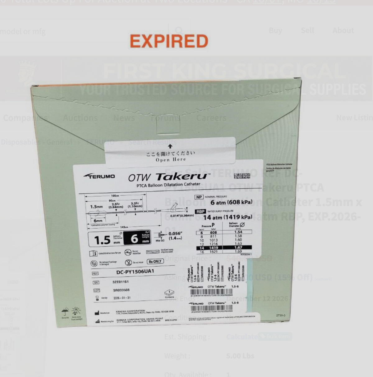 TERUMO DC-PY1506UA1 OTW Takeru PTCA Balloon Dilatation Catheter 1.5mm x 6mm 6atm NP 14atm RBP EXP 2026 01