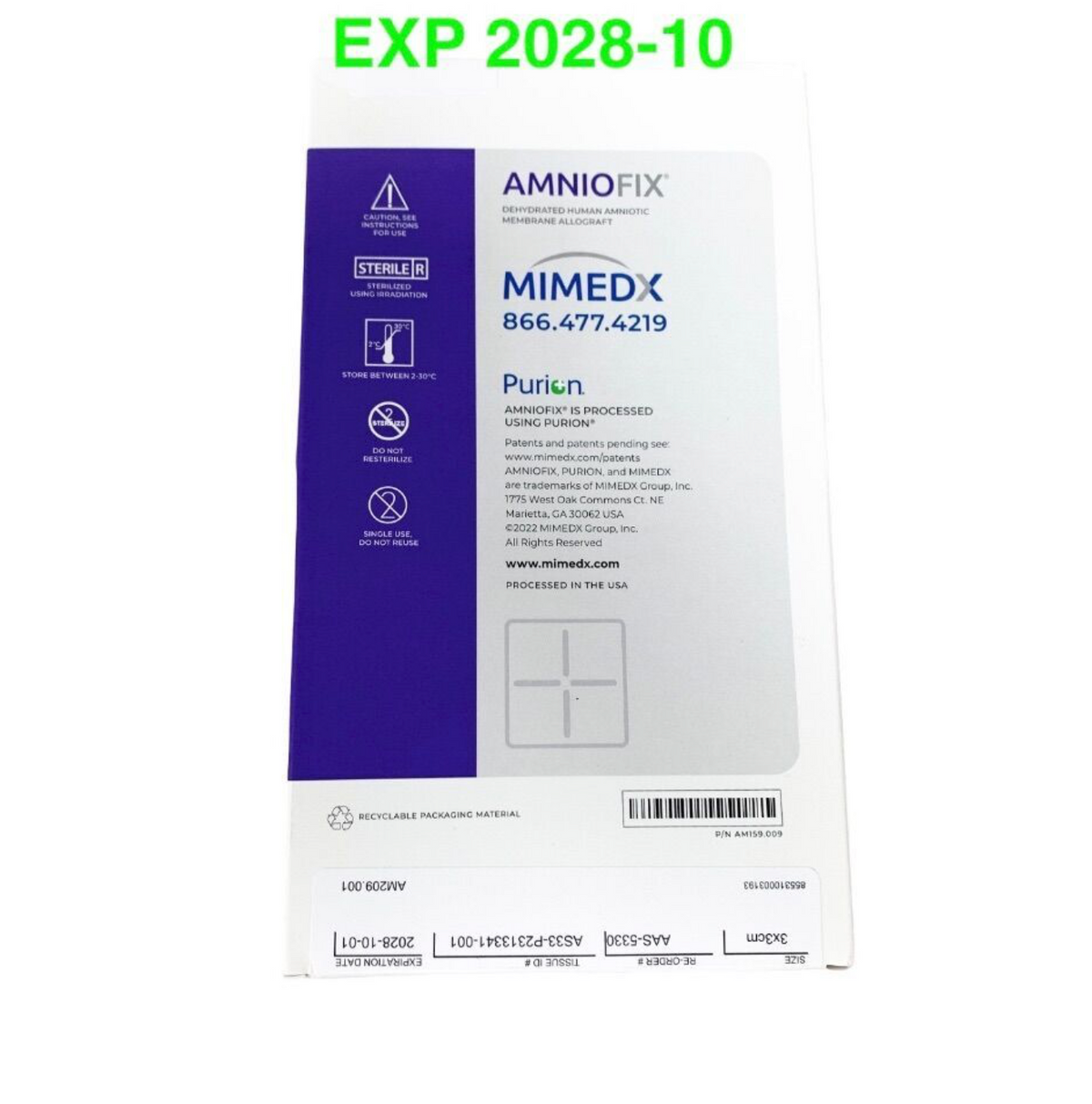 MIMEDX AAS-5330 AmnioFix Dehydrated Human Amniotic Membrane Allograft 3x3cm EXP 2028 10