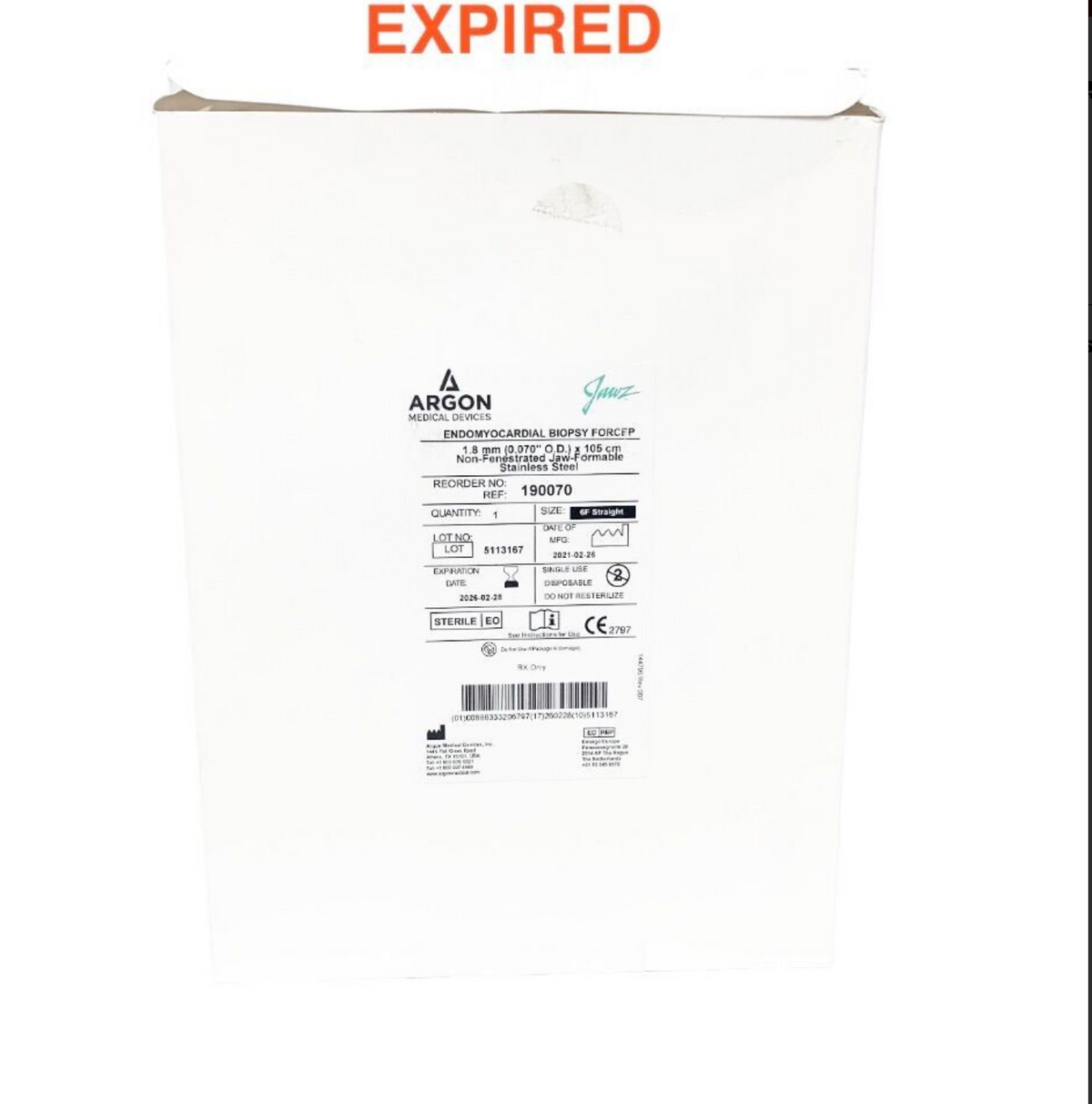 ARGON MEDICAL 190070 Jawz Endomyocardial Biopsy Forcep 1.8mm x 105cm 6F Straight EXP 2026 02